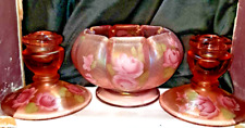 Fenton Stretch Iridescent HP Country Roses On Melon Bowl & Candle Stick Holders picture