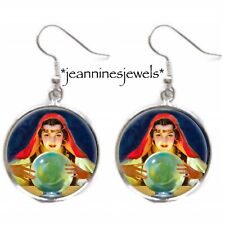 Gypsy Fortune Teller Earrings Crystal Ball Glicee ART PRINT Silver Charm Dangle picture