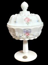 VTG Westmoreland Roses Bows Handmade Milk Glass 7” Compote Signed  Cottagecore picture
