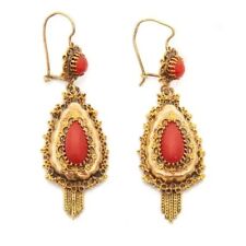 Vintage Women's Dangle Earring Simulated Coral Pear Cut 14K Yellow Gold Over picture