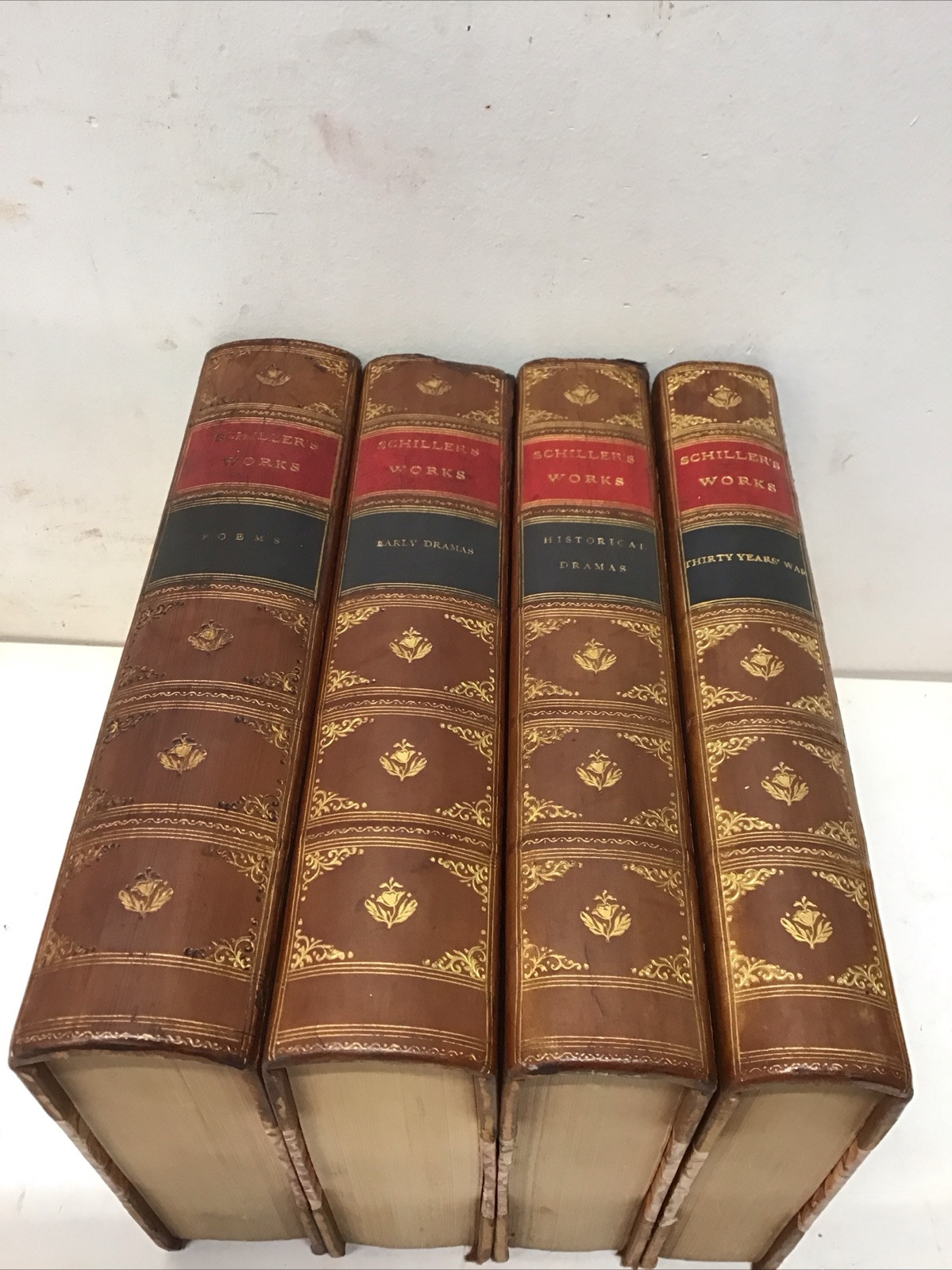 1900 Works of Friedrich Schiller Four Leather Vols. Illustrated Sterling Edition