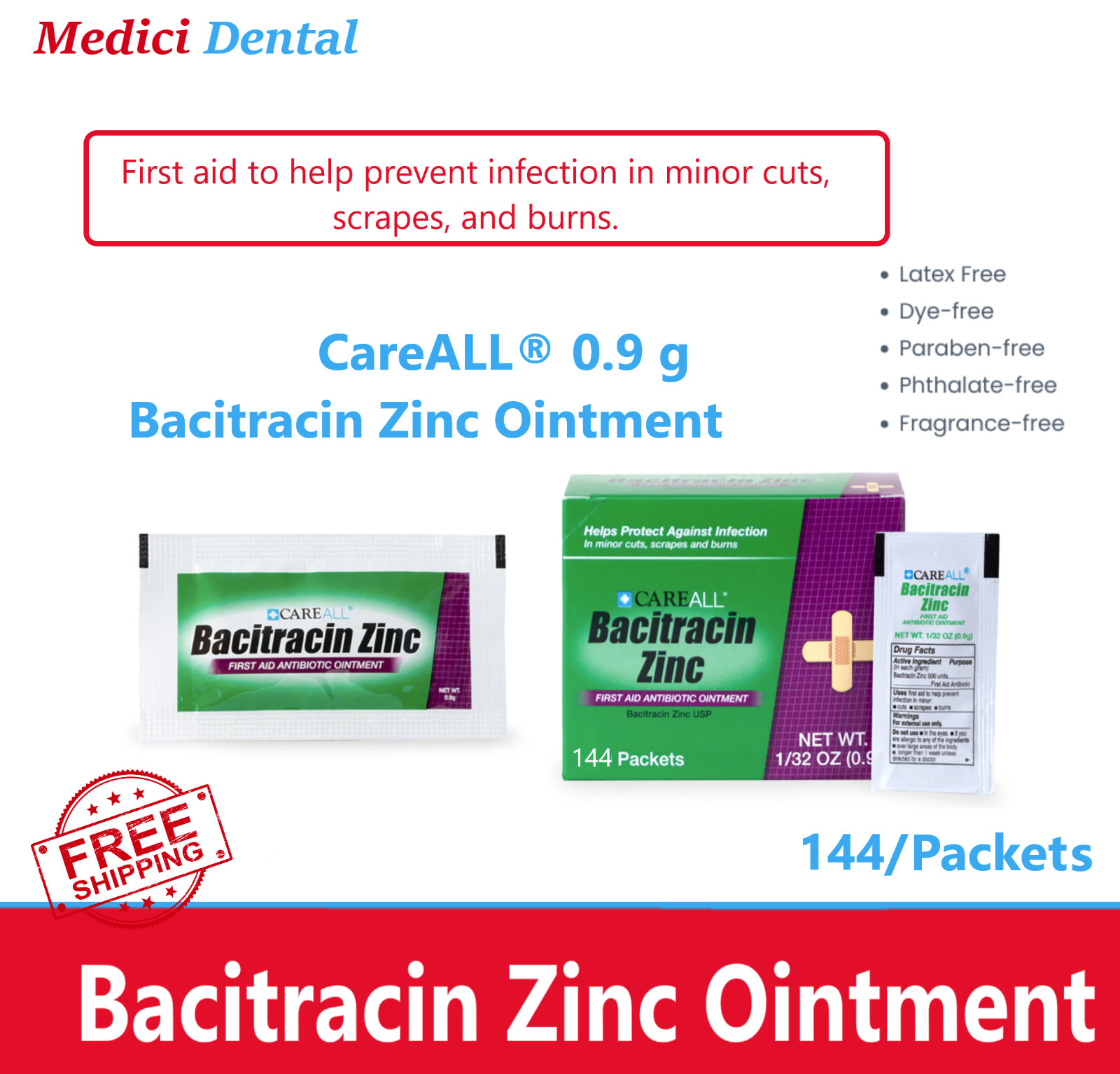 CAREALL® Bacitracin Ointment 0.9 g -144 Pack - 2027, Topical Antibiotic Cream US