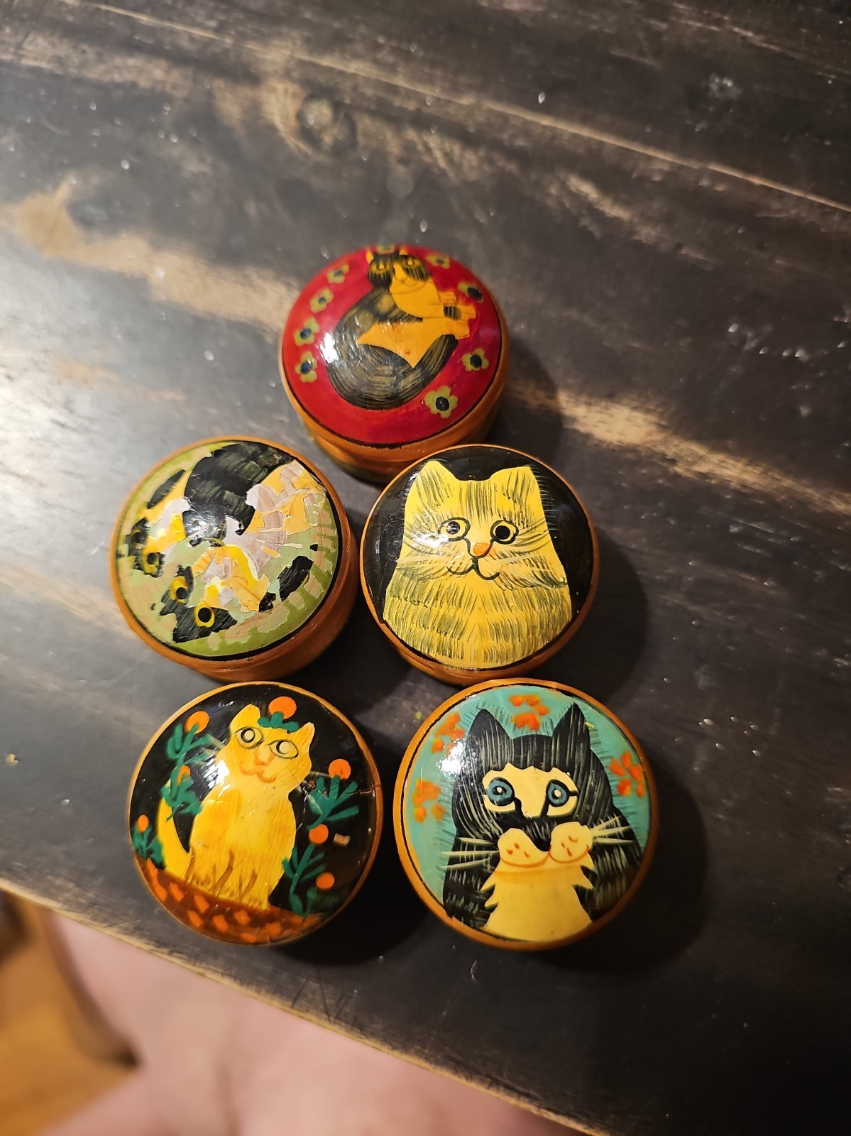 VTG Wood Hand Painted Trinket Pill Box Kitty Cat Collectible Mini Set Of 5