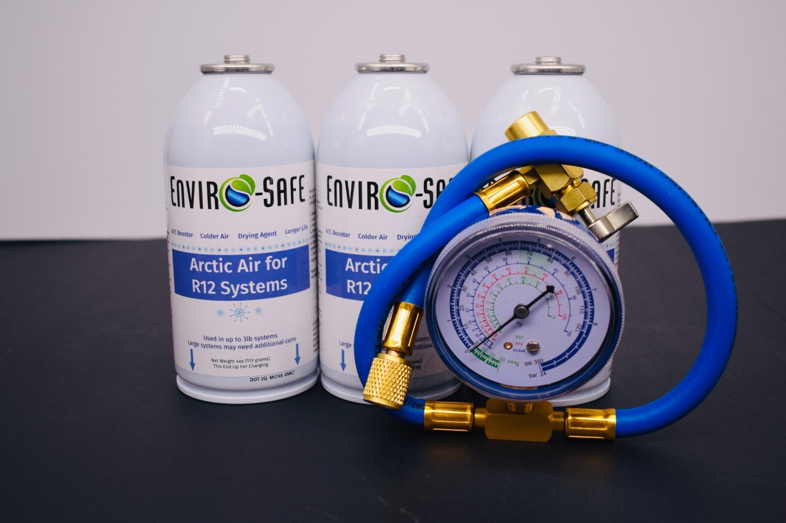 Arctic Air for R12, Refrigerant support, 3 cans Brass Gauge