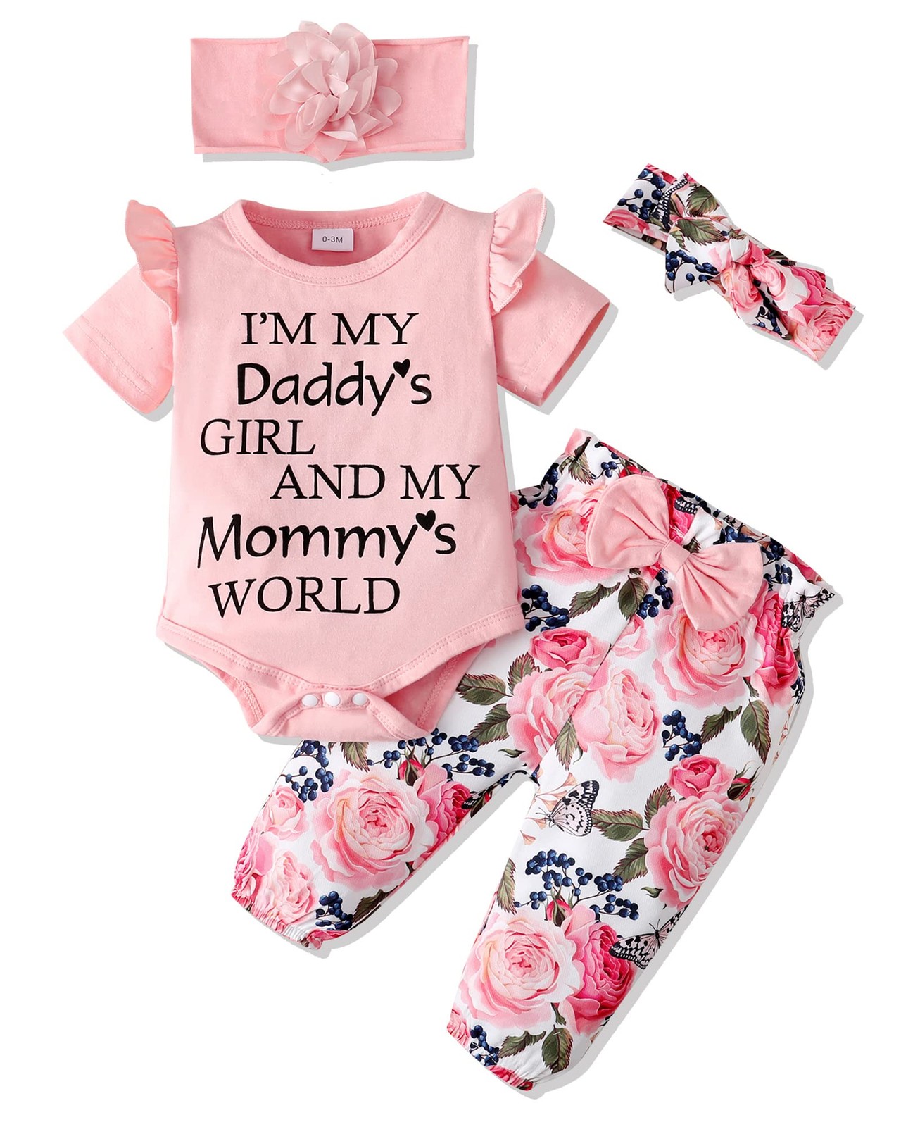 Pink Baby Girl Romper & Pant Set 0-3 Months – Short Sleeve Ruffle Floral Outfit