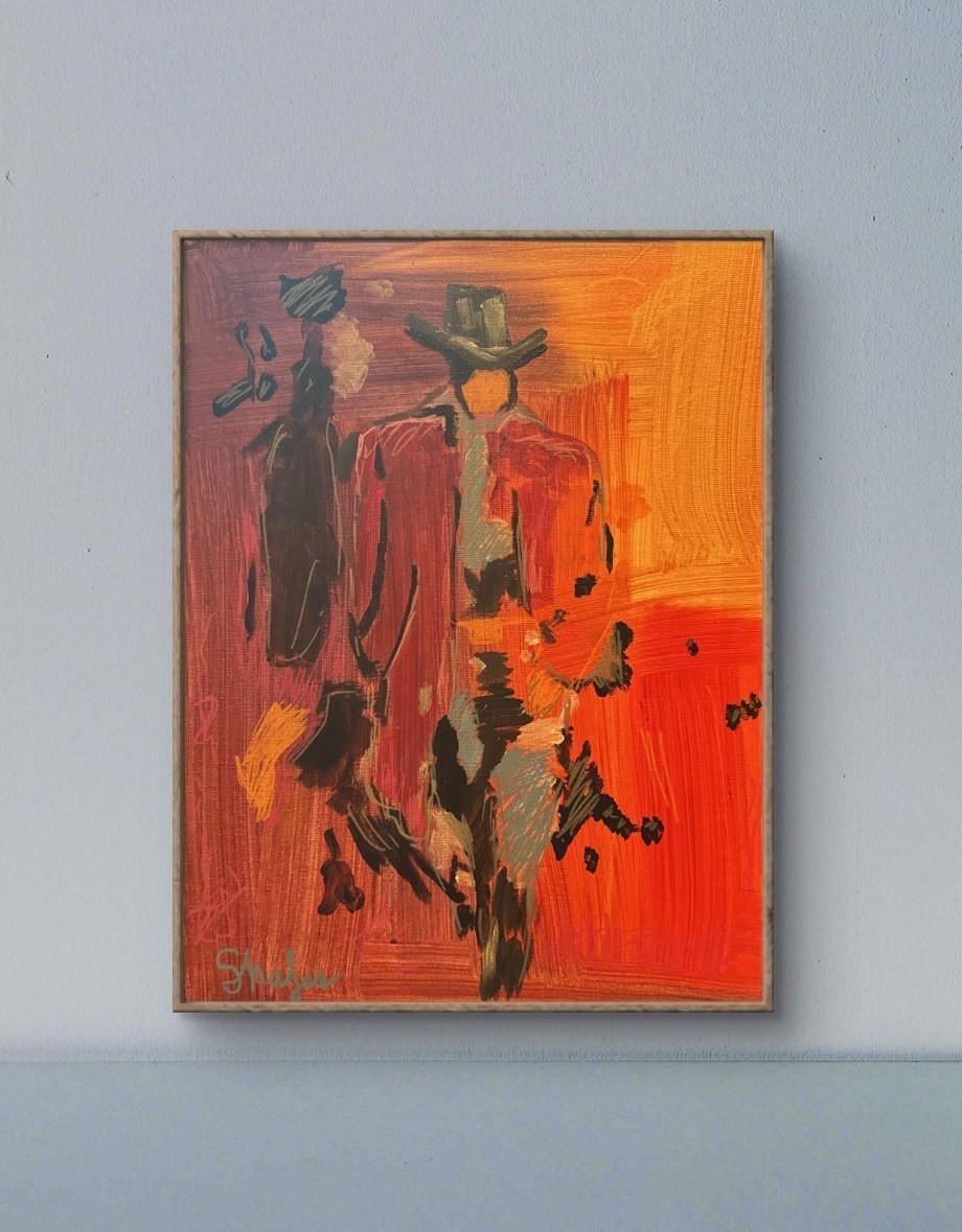 Shafer Original 11x14 Expressionist Abstract Figures Orange Red Painting Signed