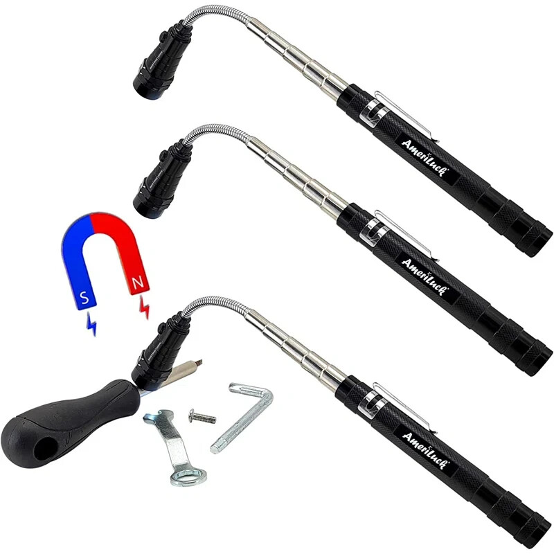 3 Pack Telescoping Magnetic Pickup Tool LED Light Flexible Magnet Grabber Tool