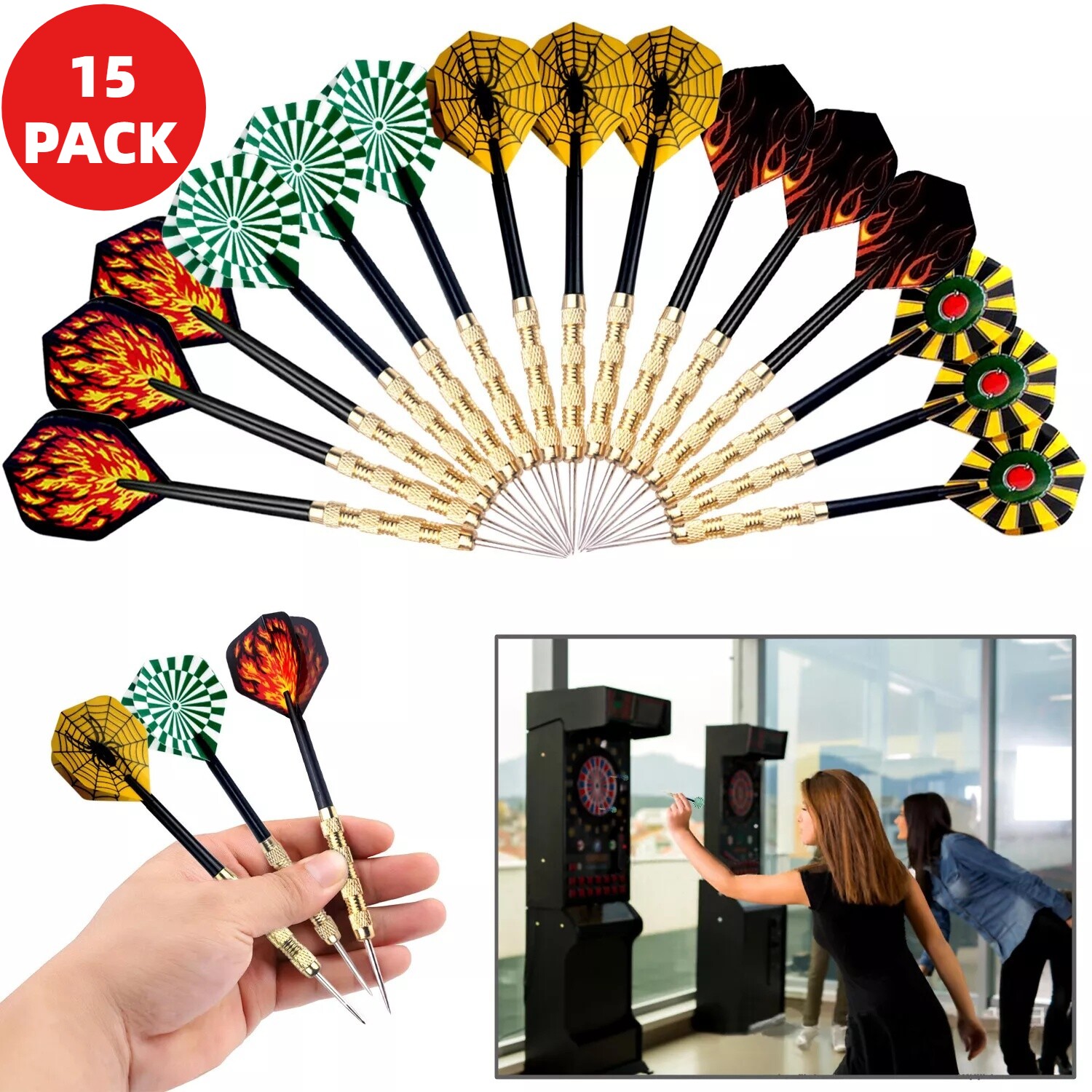 5 Sets (15Pcs) Steel Tip Professional Darts Set Darts Slim Barrel Dart Flights