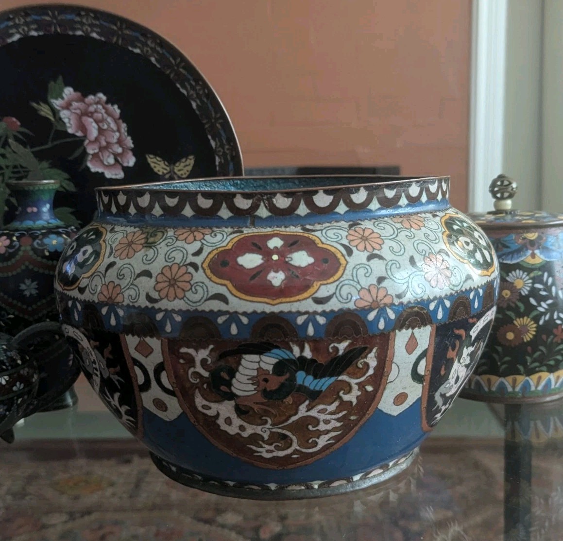 Antique Japanese Cloisonne Jardiniere Planter Dragon Phoenix Meiji 1900 Period
