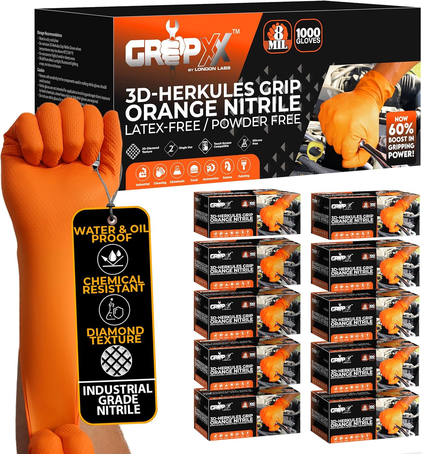 GRIPXX Herkules Grip Heavy Duty 8Mil Nitrile Gloves,3D Raised Diamond Texture-La
