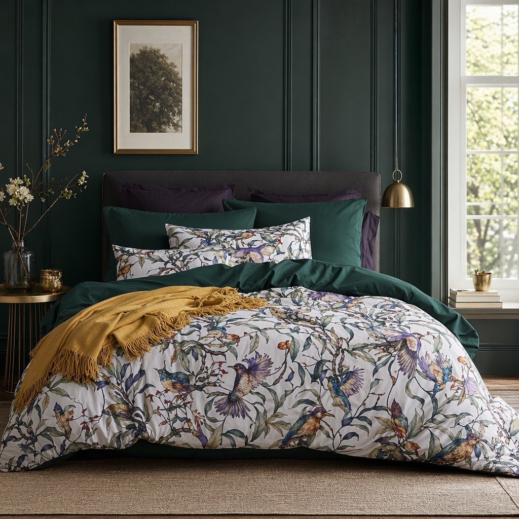 NEW Anthropologie Multicolor Botanical Boho Queen Bedding Duvet Sham Case Set