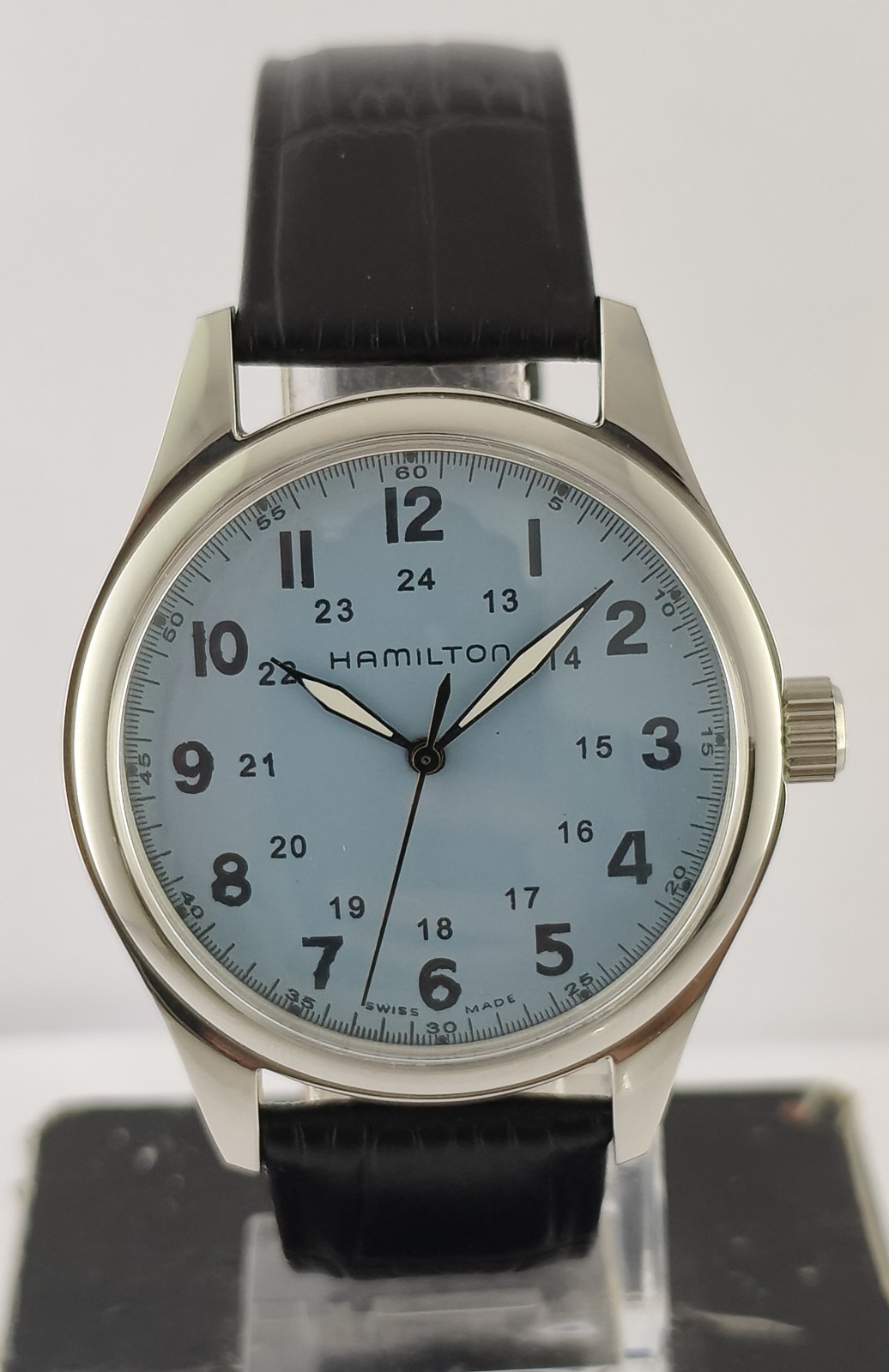 Vintage Refurbished Hamilton Hand-Winding Blue Dial 17 J Men Watch Leather Band