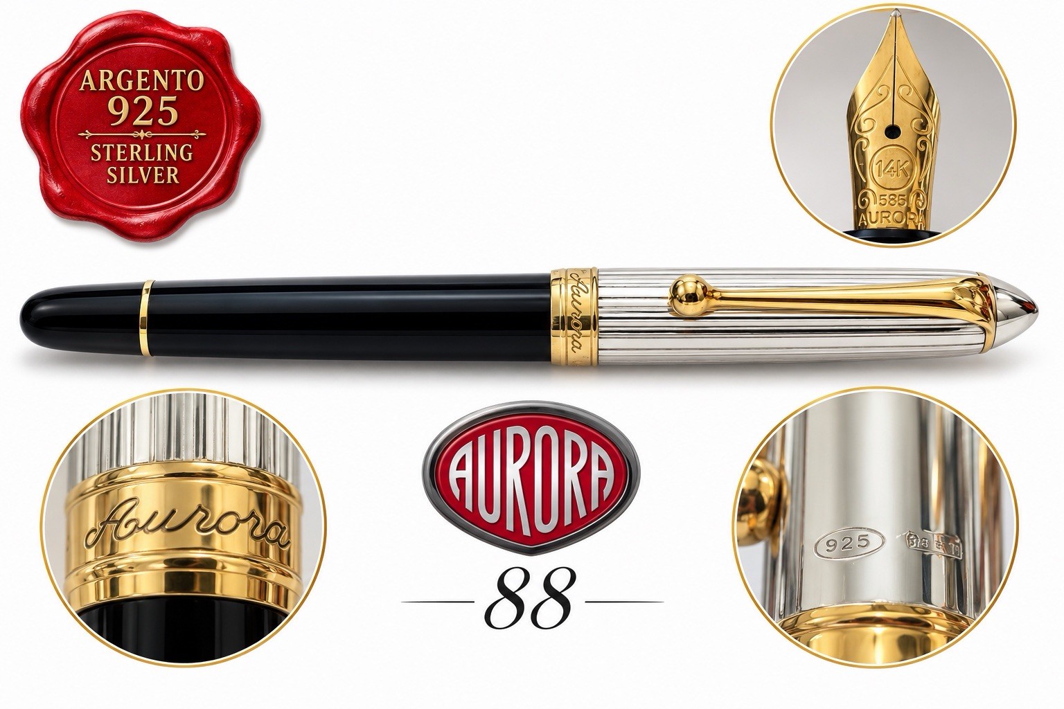 AURORA 88 Fountain Pen Silver 14 KT Gold Nib 14 KT Gold Guarantee Case NOS