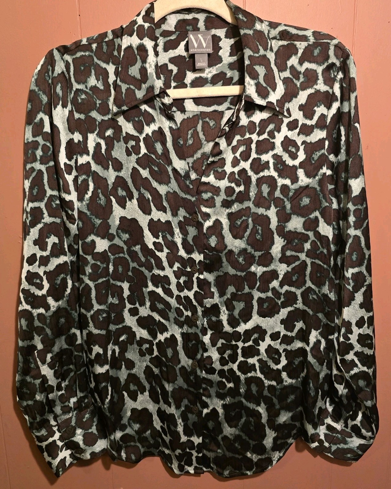 Worthington Women’s Large Leopard Print Button Down Blouse Long Sleeve Sheer