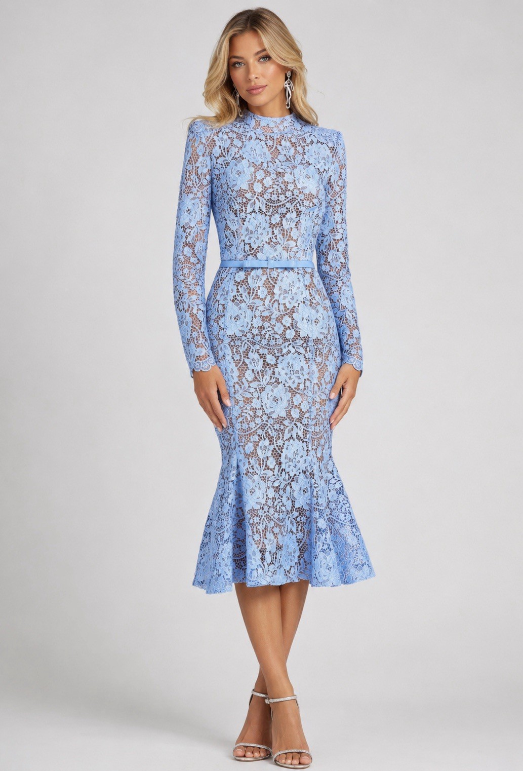NWOT Nadine Merabi Juliette Long Sleeve Lace Cocktail Midi Dress Blue Size 6