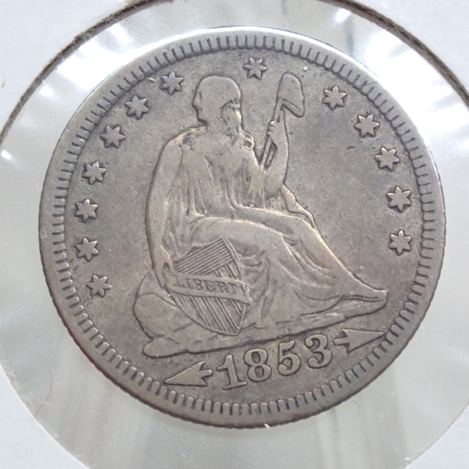 1853-P RAYS/ARROWS US Seated Liberty Quarter Silver Coin -F (Fine)