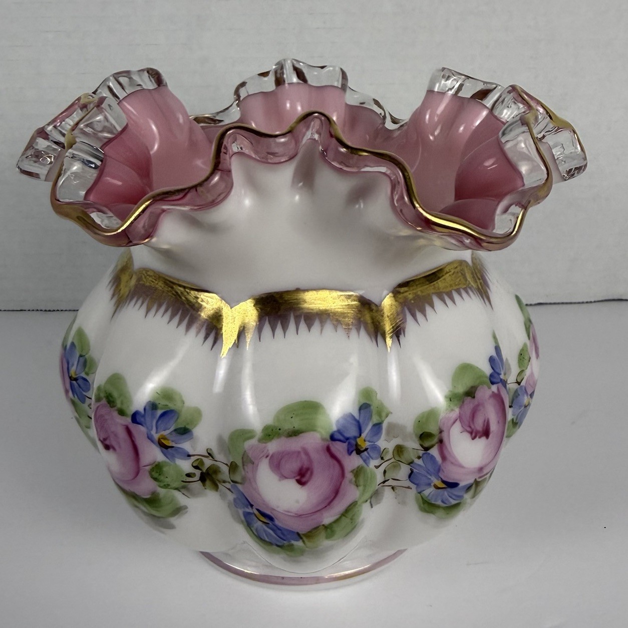 VTG Fenton Peach Crest Charleton Rose Ruffled Melon Vase Handpainted Cottagecore