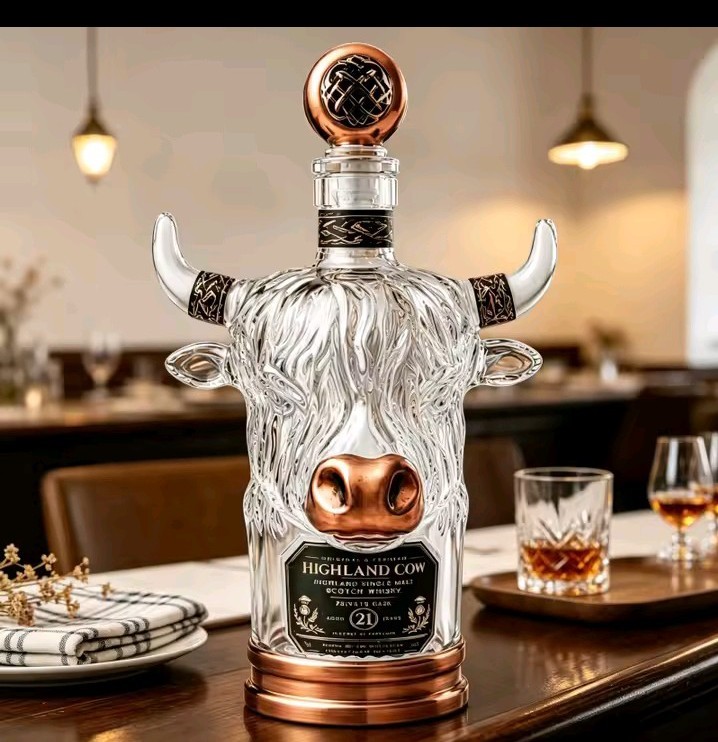 Highland Cow Shaped Glass Whiskey Decanter Bottle with Stopper Vintage Bull..WWW Highland Cow Shaped Glass Whiskey Decanter Bottle with Stopper Vintage Bull..WWW