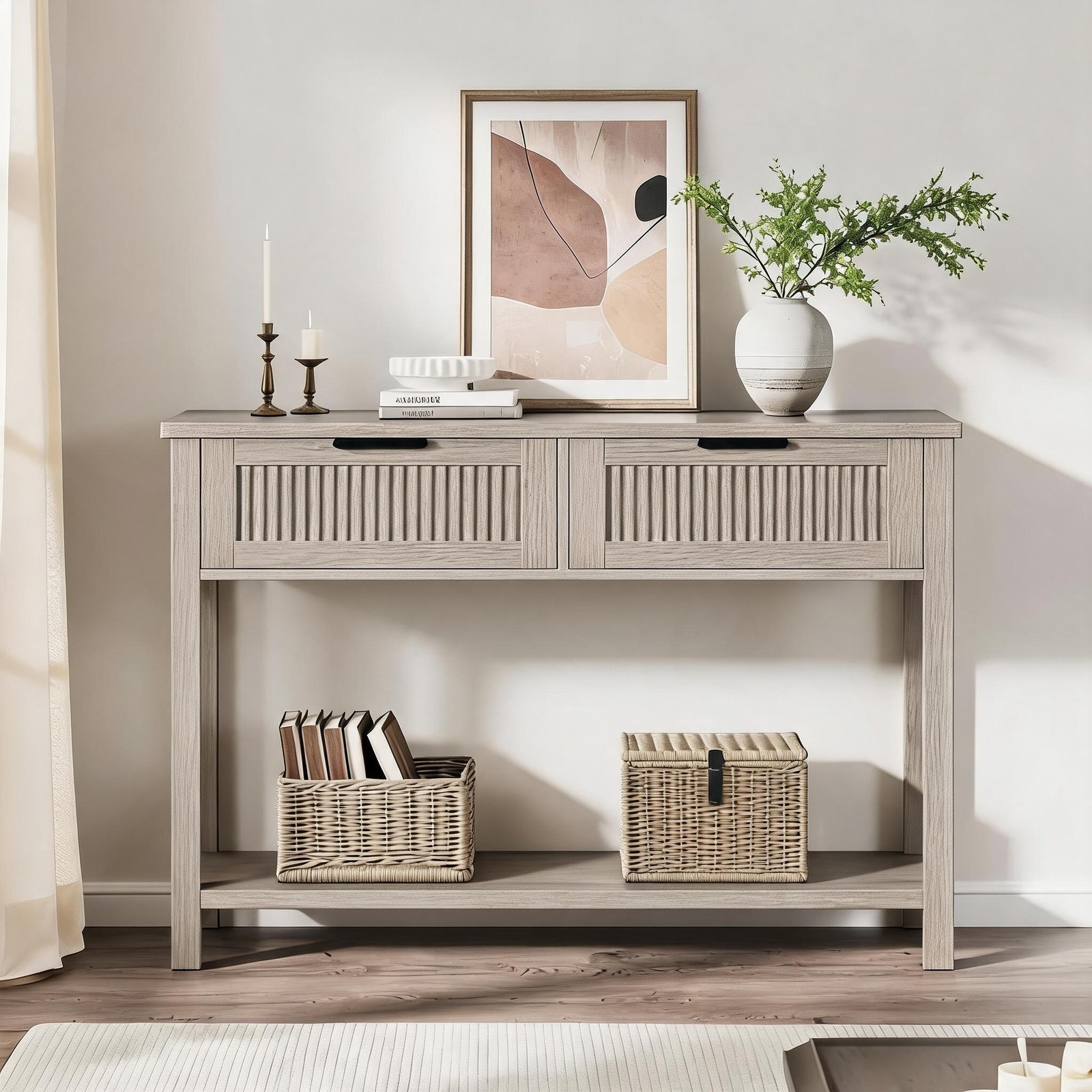 2-Drawer Fluted Console Table for Living Room, Entryway Storage Space-Saving
