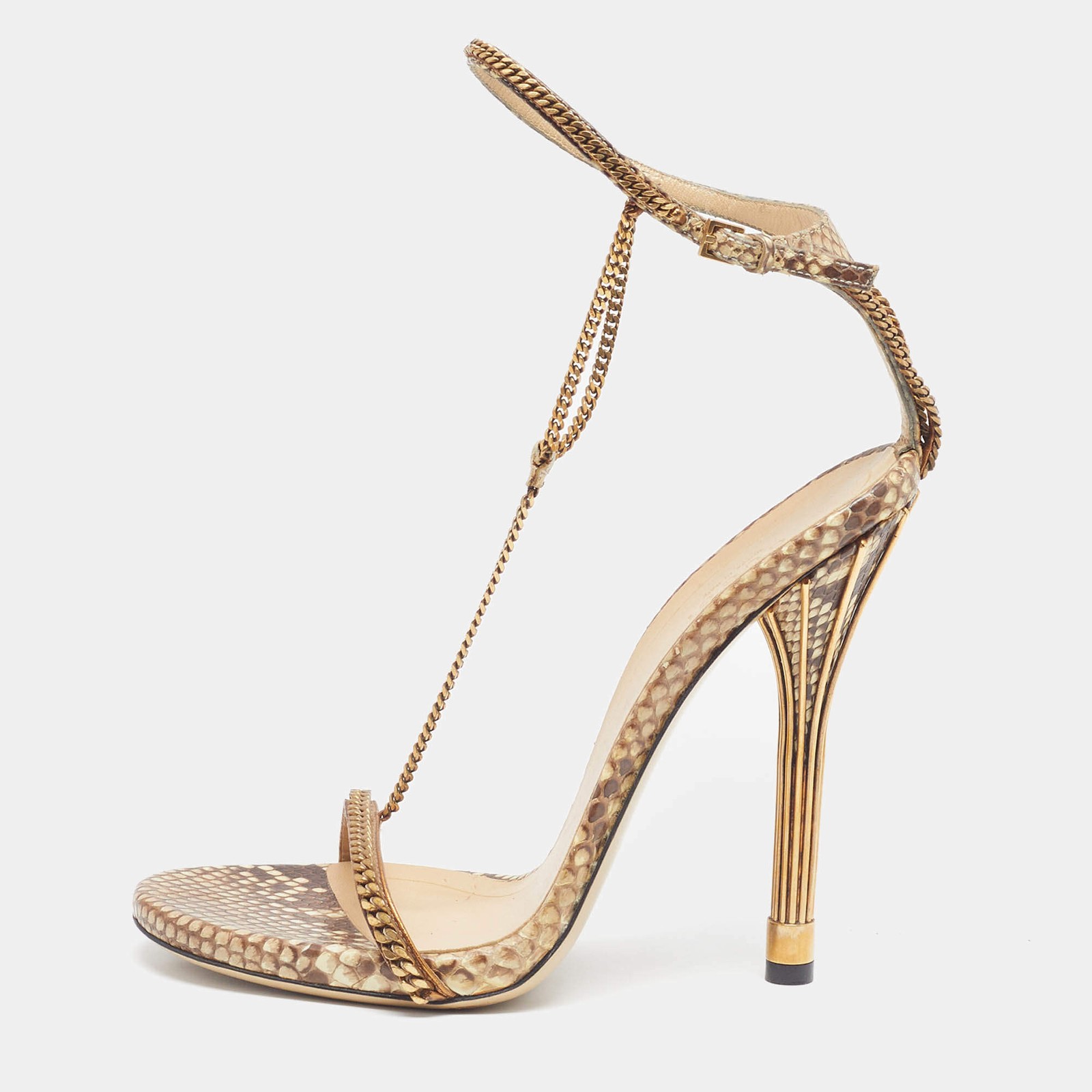 Gucci Size 38 BrownCream Python Leather Chain Link Ankle Strap Sandals