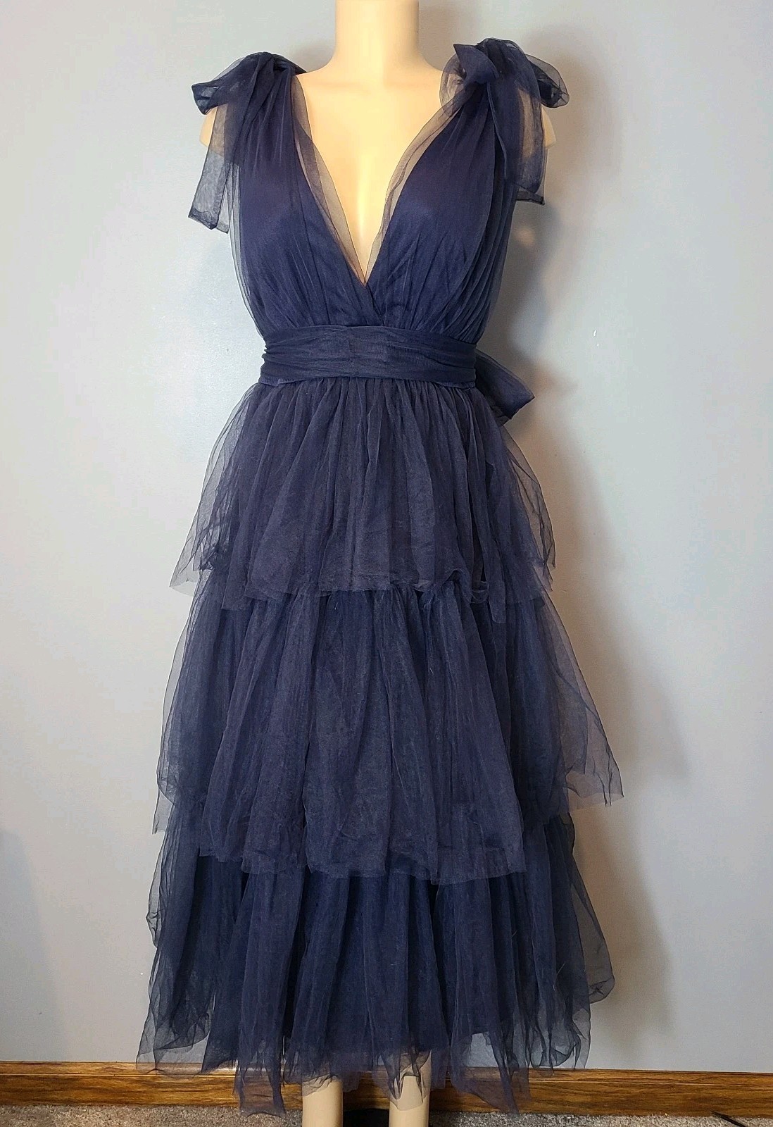 Lulus Flawless Arrival Navy Blue Tulle Dreamy Tiered Maxi Dress Size Medium