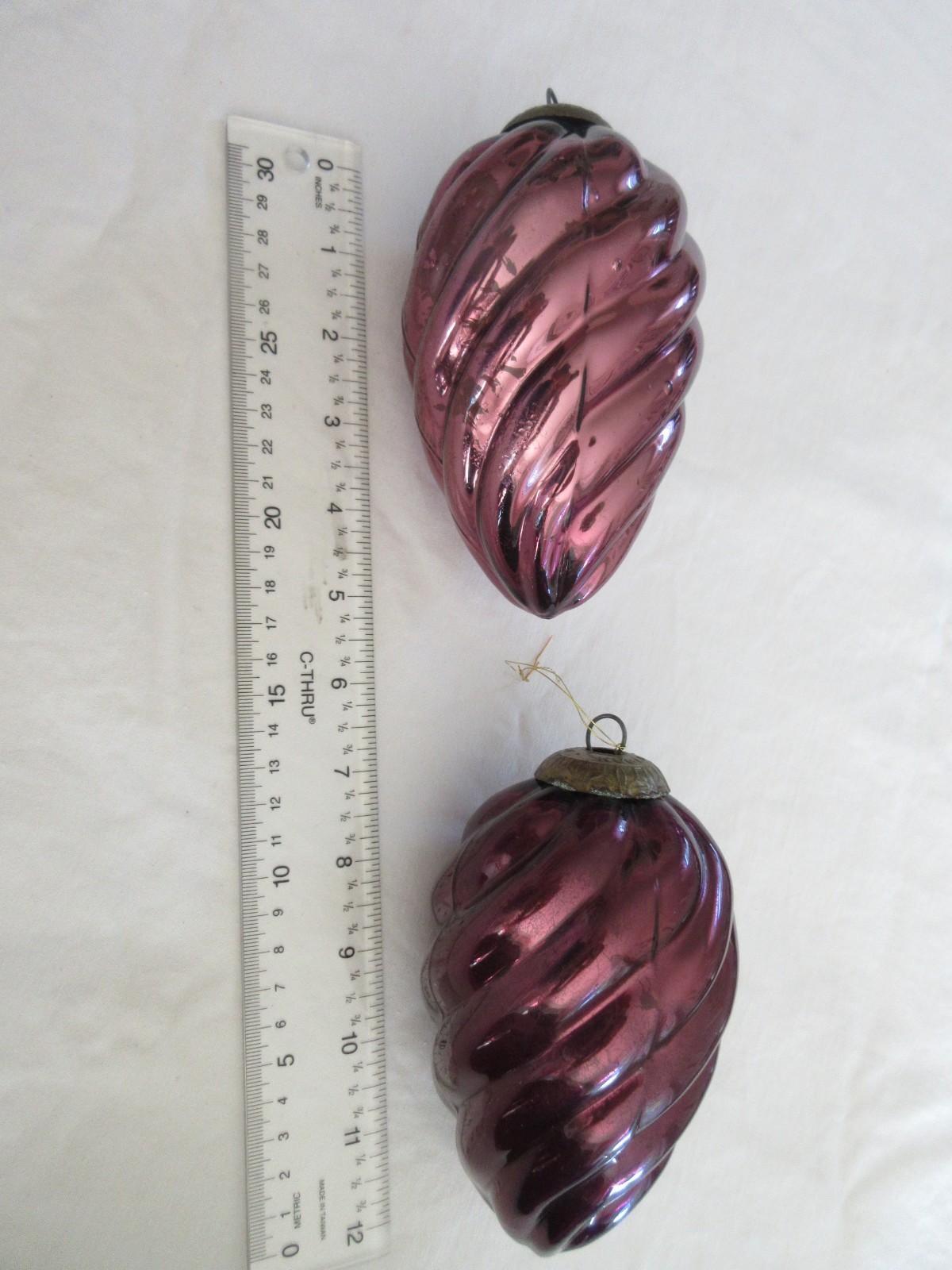 2 RARE Vintage MIDWEST KUGEL GLASS Eggplant Purple Swirl CHRISTMAS ORNAMENTS