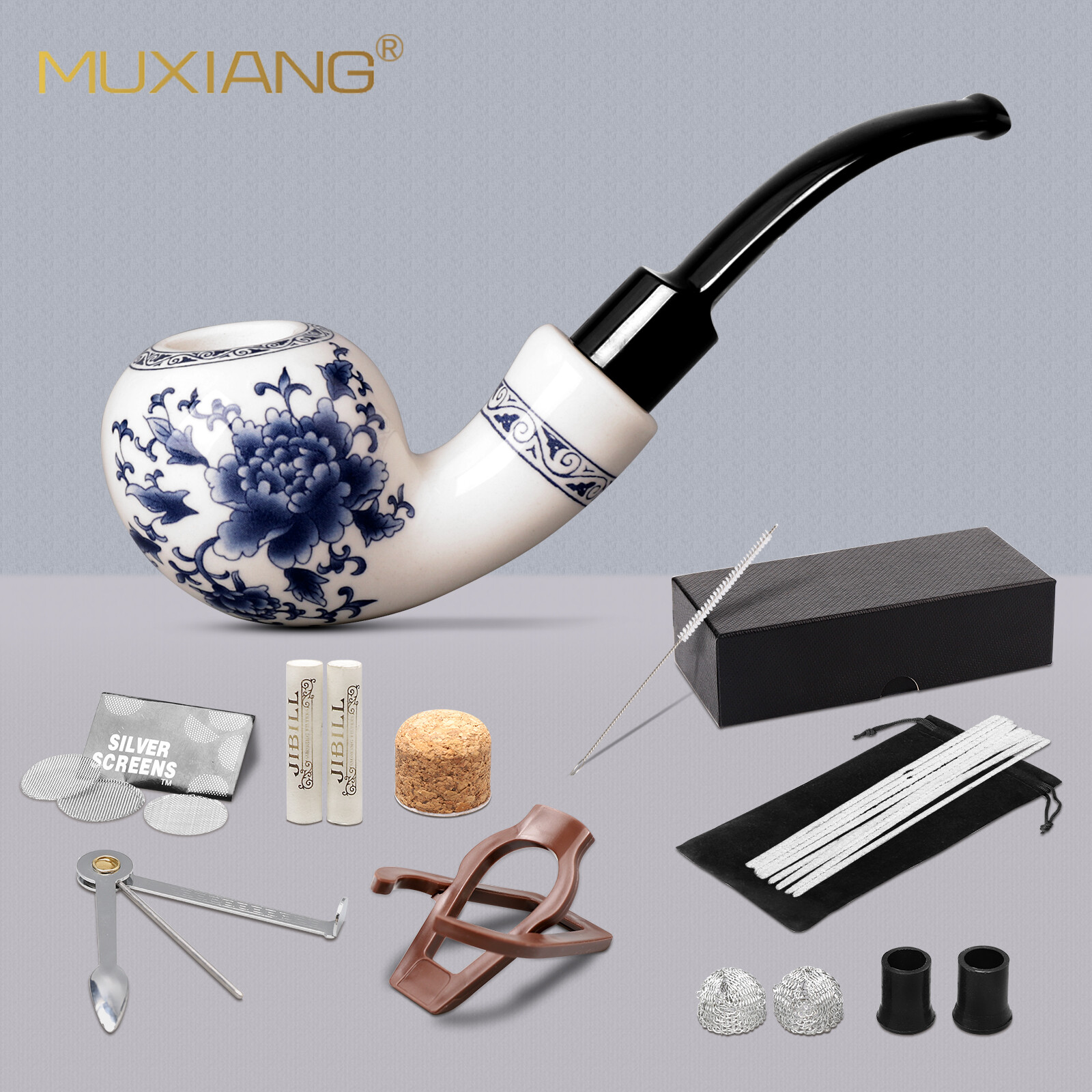MUXIANG Ceramic Tobacco Pipe 9mm Filter Classic Smoking Pipe Bent Saddle Stem