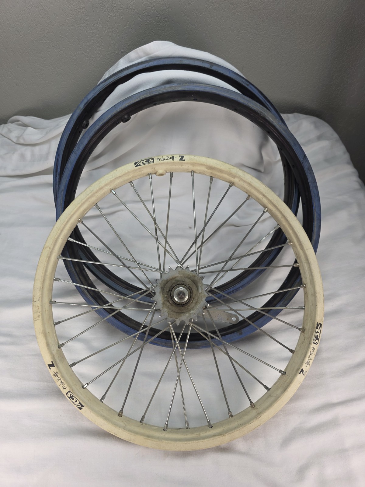 Old School Bmx Used White & Blue ACS Z Rims  ACS 20” Bicycle Wheels lot of 3. 