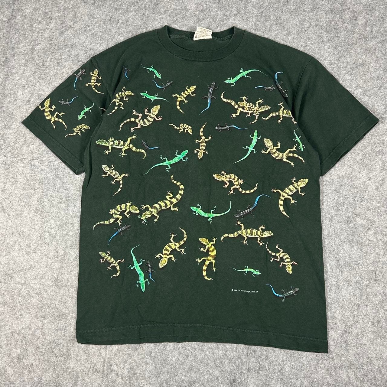 Vintage 90s Nature Facts Gecko Reptile Nature AOP Puff Print T-Shirt Size Large