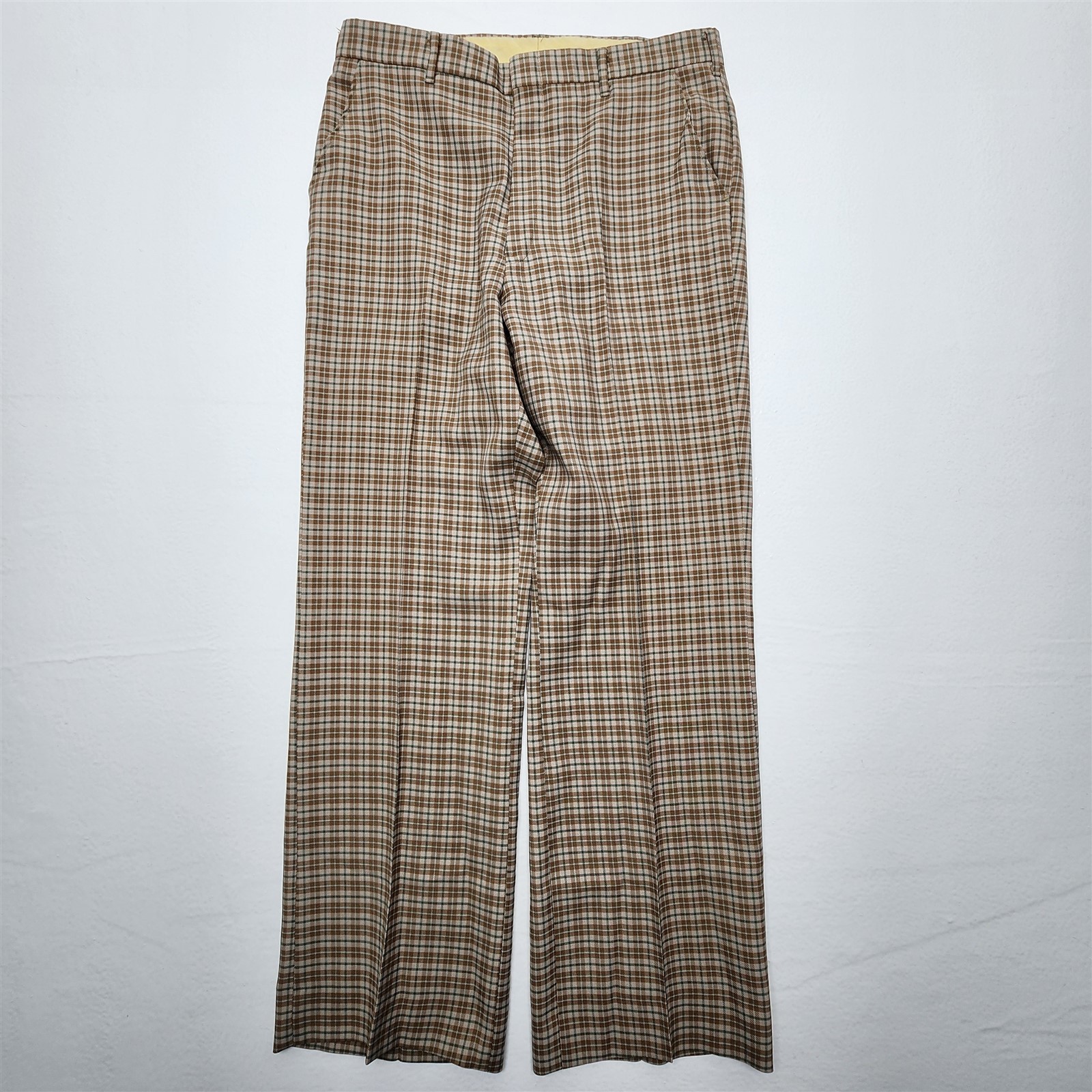 Vtg H.I.S 34x32 Brown Plaid Bell Bottom Flare Disco Hippie Poly Twill Trousers