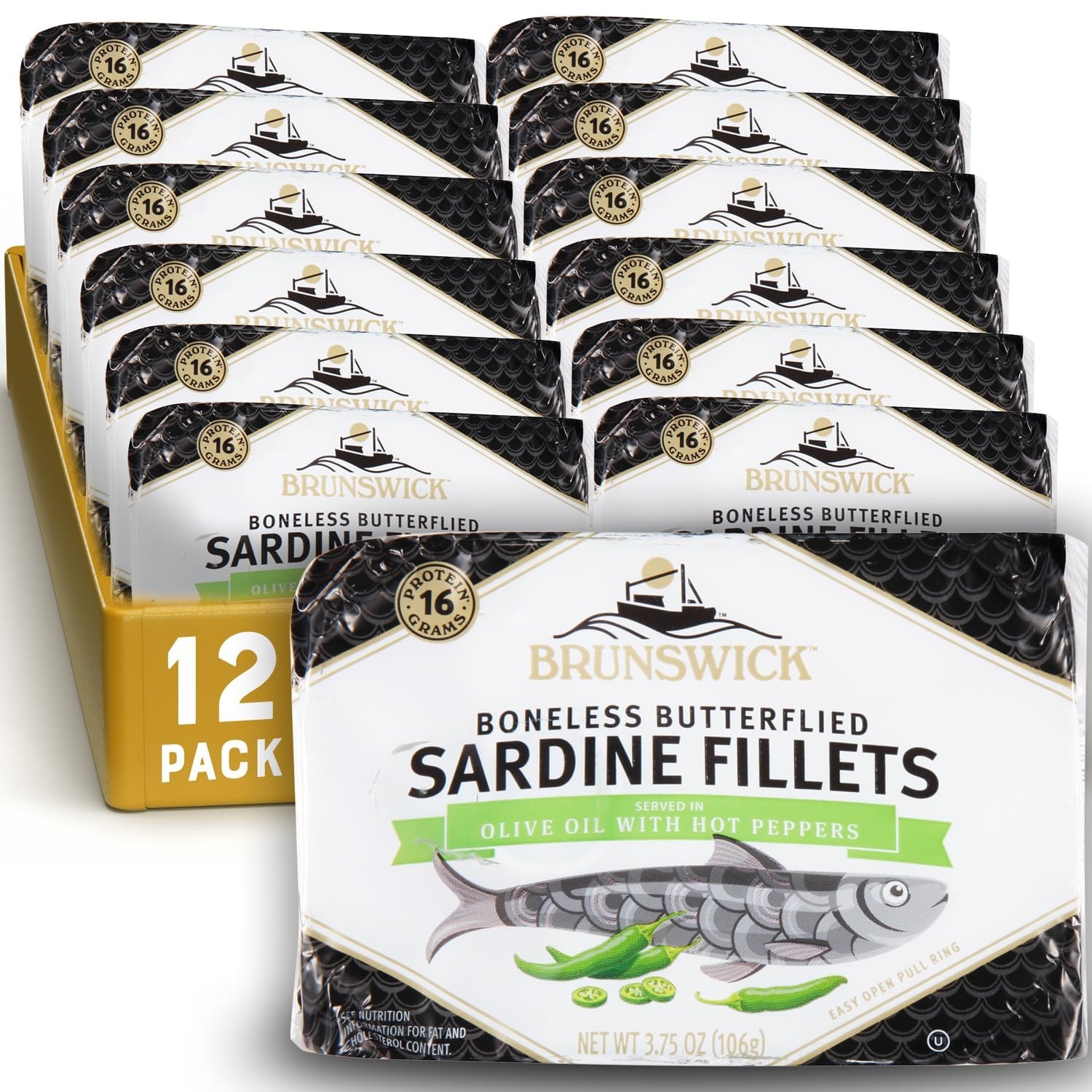 Brunswick Wild Caught Sardine Fillets in Hot Pepper 3.75 oz Can Pack of 12 - ...