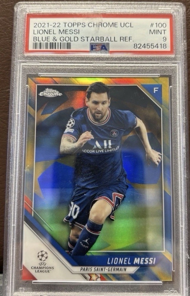 2021-22 Topps Chrome UCL Lionel Messi #100 Blue Gold Starball Refractor PSA9 /75