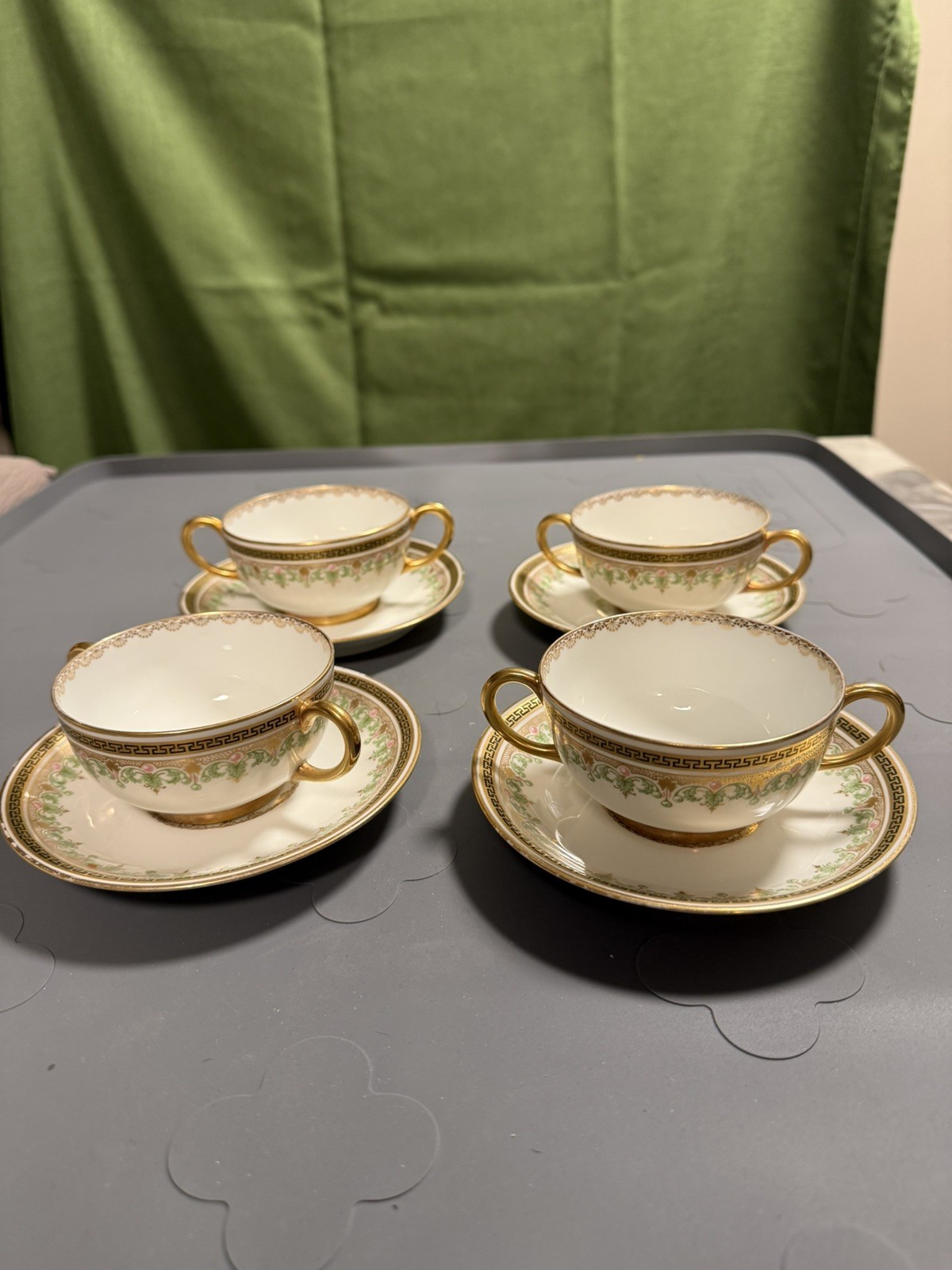 4 ANTIQUE JEAN POUYAT LIMOGES CONSOMMÉ SETS DOUBLE HANDLE 24K GOLD DECOR FRANCE 4 ANTIQUE JEAN POUYAT LIMOGES CONSOMMÉ SETS DOUBLE HANDLE 24K GOLD DECOR FRANCE