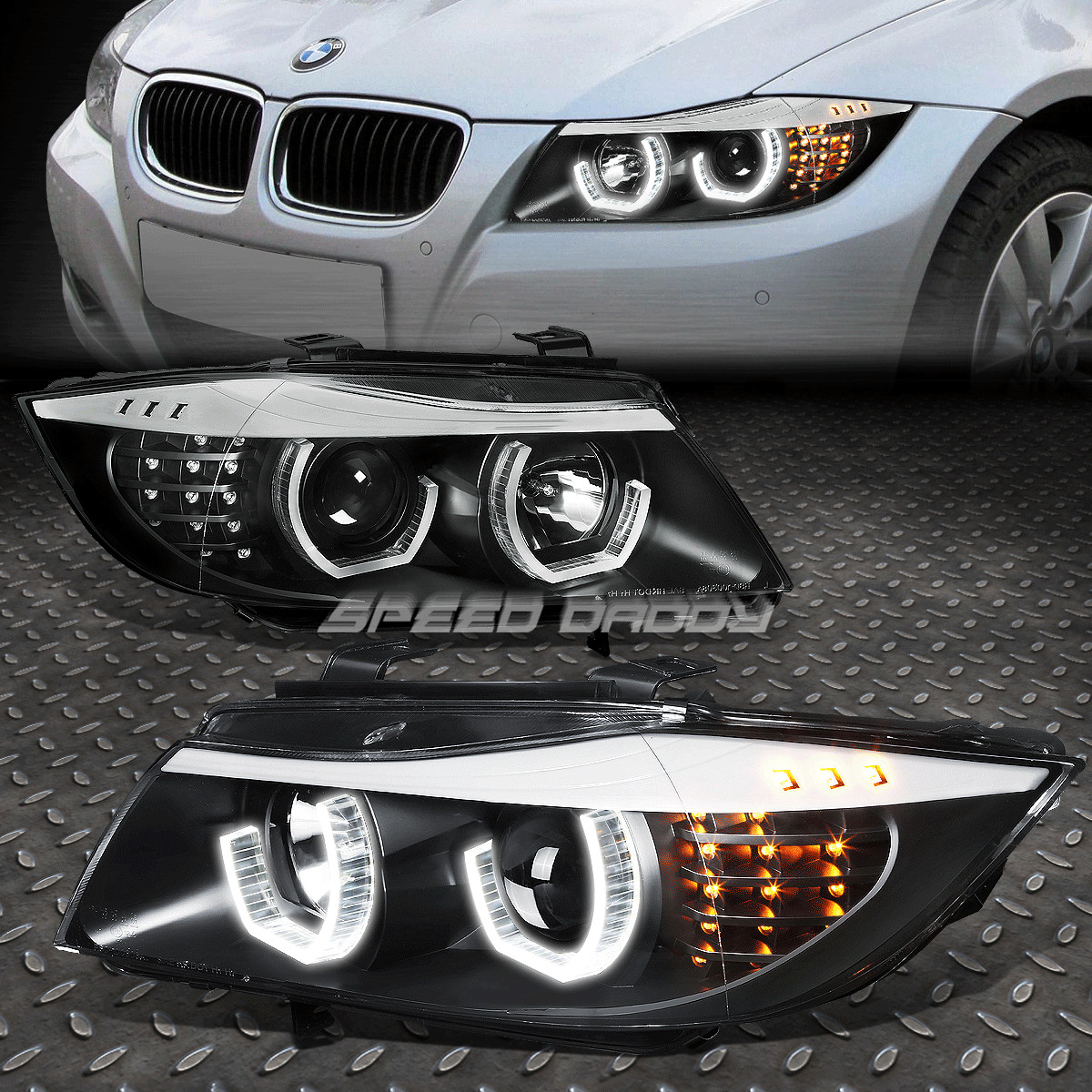 [3D U-Halo DRL+LED Signal] For 05-08 BMW E90 3-Series Projector Headlights Black