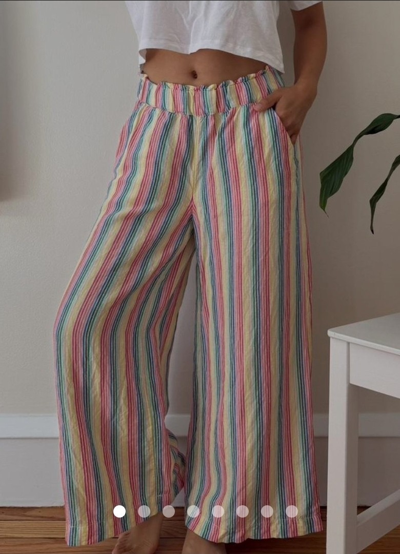 NWOT LOFT Linen Blend Colorful Rainbow Striped Pants Large L Wide Leg Pockets 16