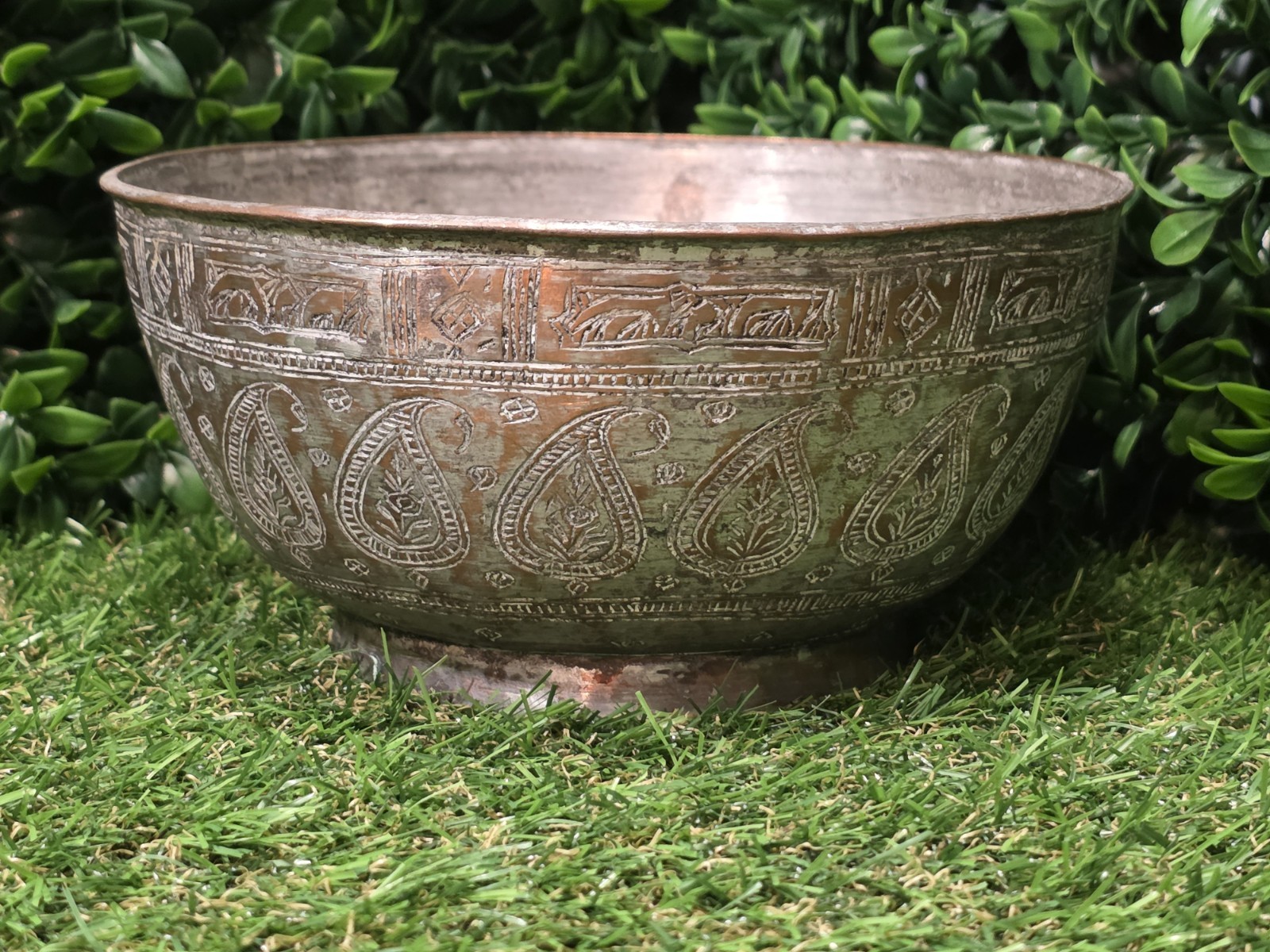 Old/Antique Persian Tinned Copper or Brass Bowl Middle Eastern Oriental Stamped Old/Antique Persian Tinned Copper or Brass Bowl Middle Eastern Oriental Stamped