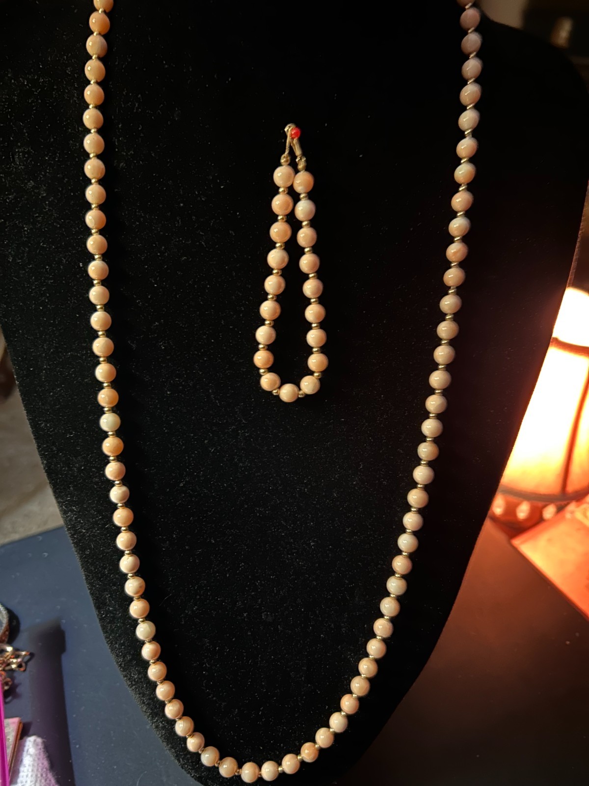 x2 MCM 14K VTG Coral Angel Skin 1960s 14k Gold Clasp/Beads Necklace/Bracelet