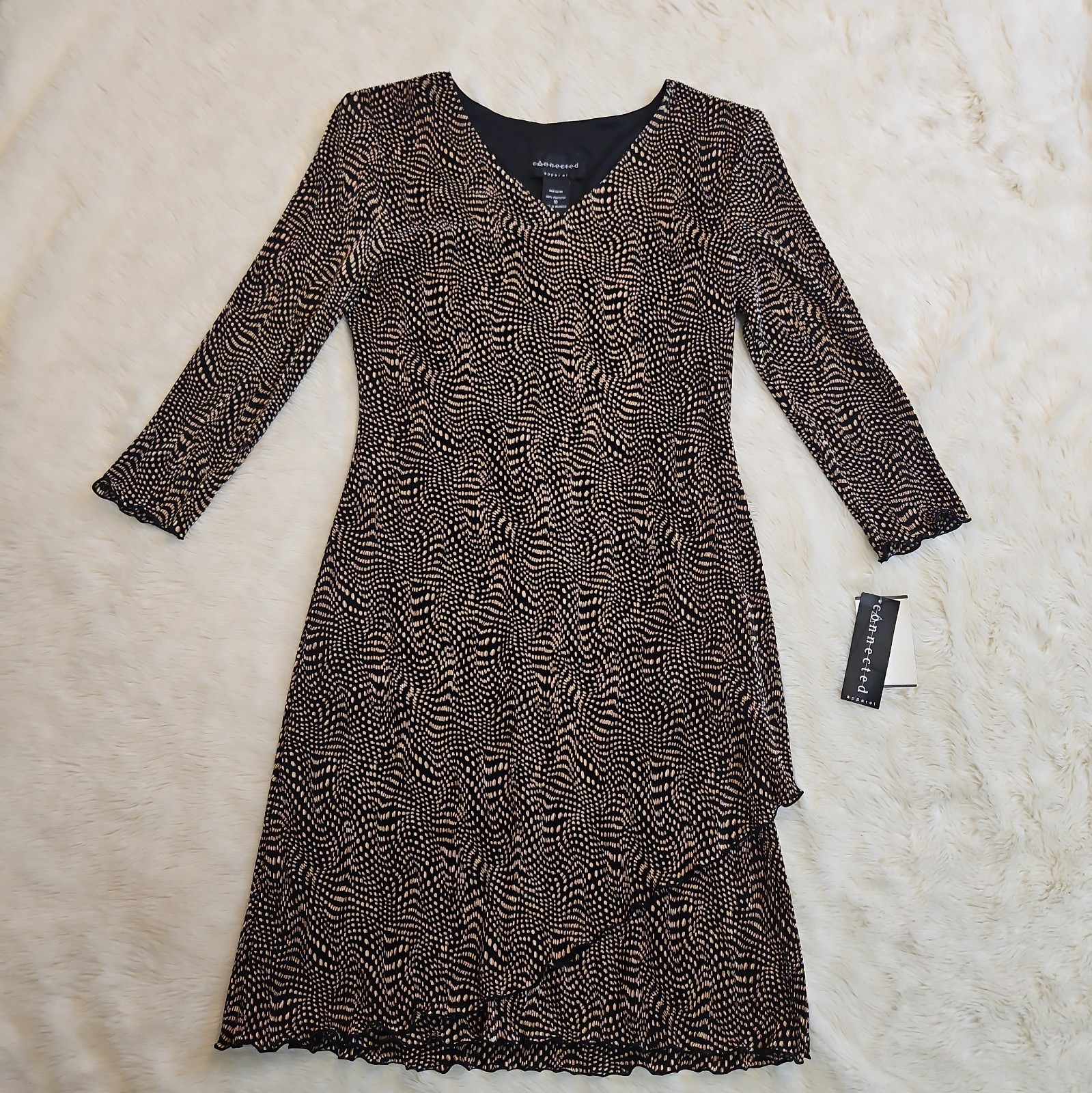 Connected Apparel Womens Size 10 V-Neck Long Sleeve Asymmetric Ruffle Hem Dress