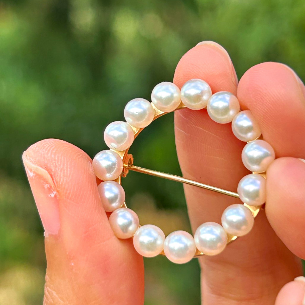 Elegant Vintage 14K Solid Gold Cultured Pearl Circle Brooch Pin 4g Elegant Vintage 14K Solid Gold Cultured Pearl Circle Brooch Pin 4g