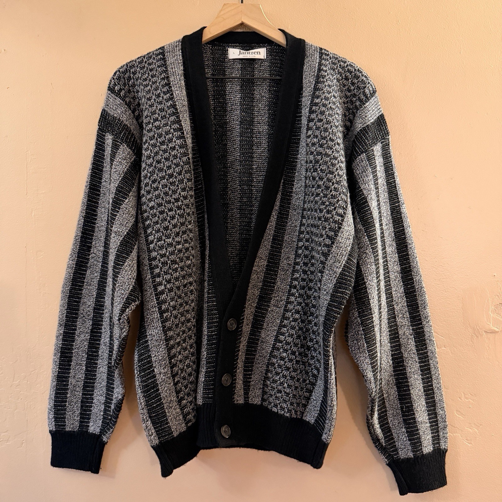 VINTAGE Jantzen Sweater Mens Large Grandpa Button Cardigan Knit USA Striped