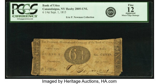 CANANDAIGUA NEW YORK BANK OF UTICA GREAT 6/14 CENT NOTE/NEWMAN PEDIGREE