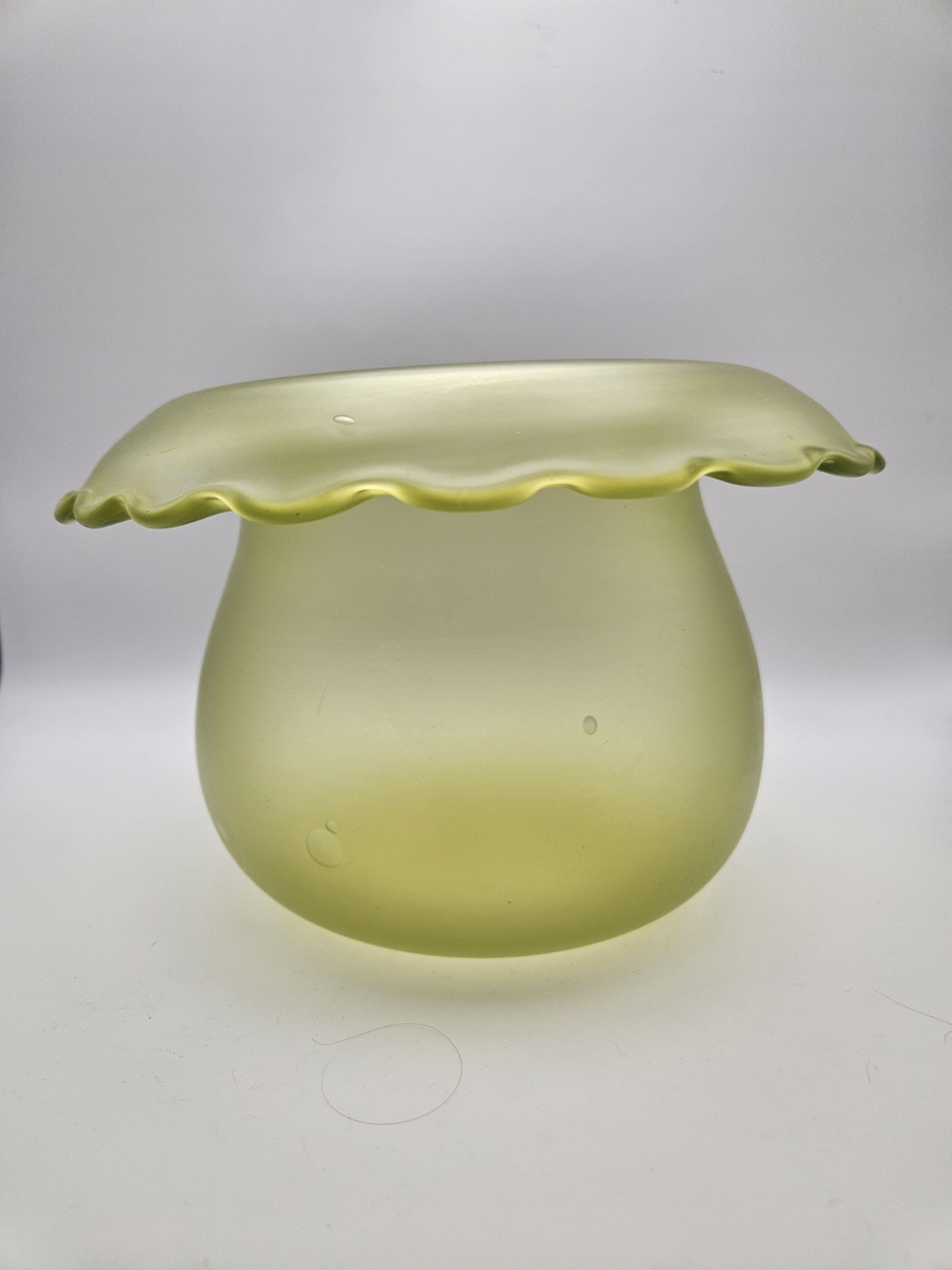 Vintage Uranium Yellow Satin Glass Vaseline Bowl Vase Frosted with Scallop Rim Vintage Uranium Yellow Satin Glass Vaseline Bowl Vase Frosted with Scallop Rim