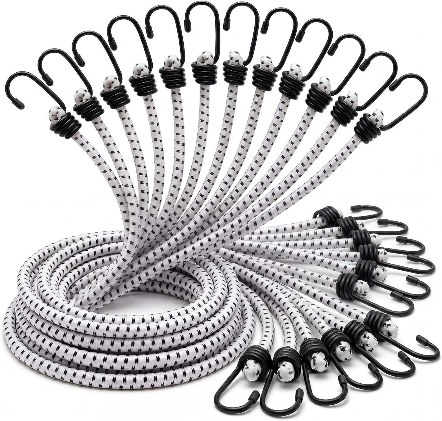 12 Pcs 96 Inch Long Bungee Cords with Hooks, White+Black