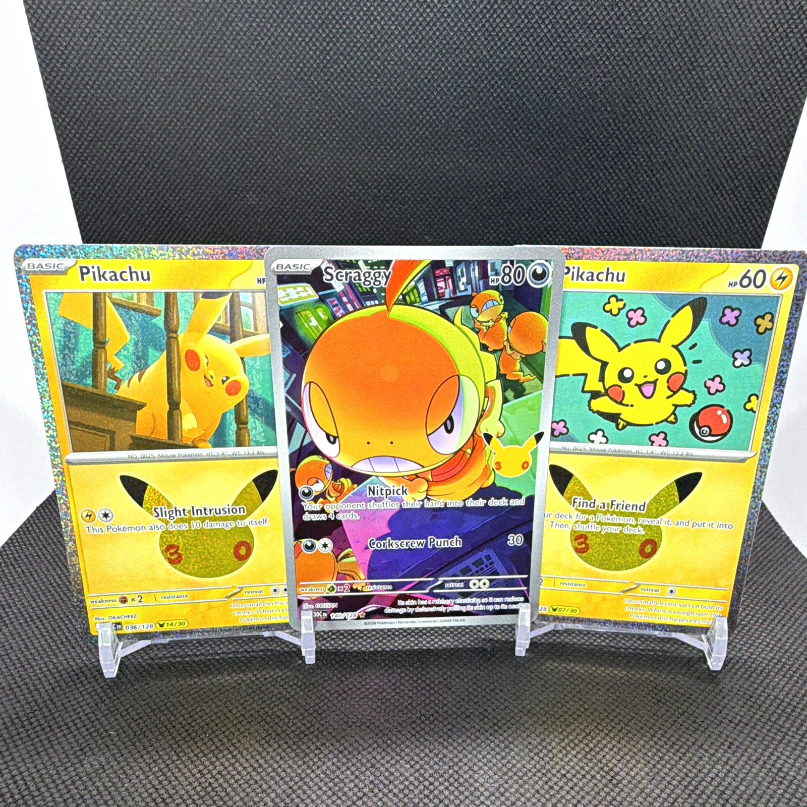 Pikachu & Scraggy Holo Collection Lot 3 Cards 036/128 029/128 140/128 30th Ann.
