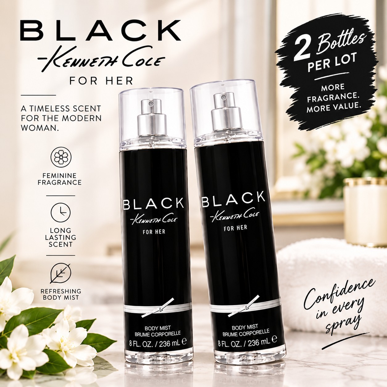 2pcs. Black Body Mist by Kenneth Cole 236 ml/8 oz For Women Perfume 2pcs. Black Body Mist by Kenneth Cole 236 ml/8 oz For Women Perfume