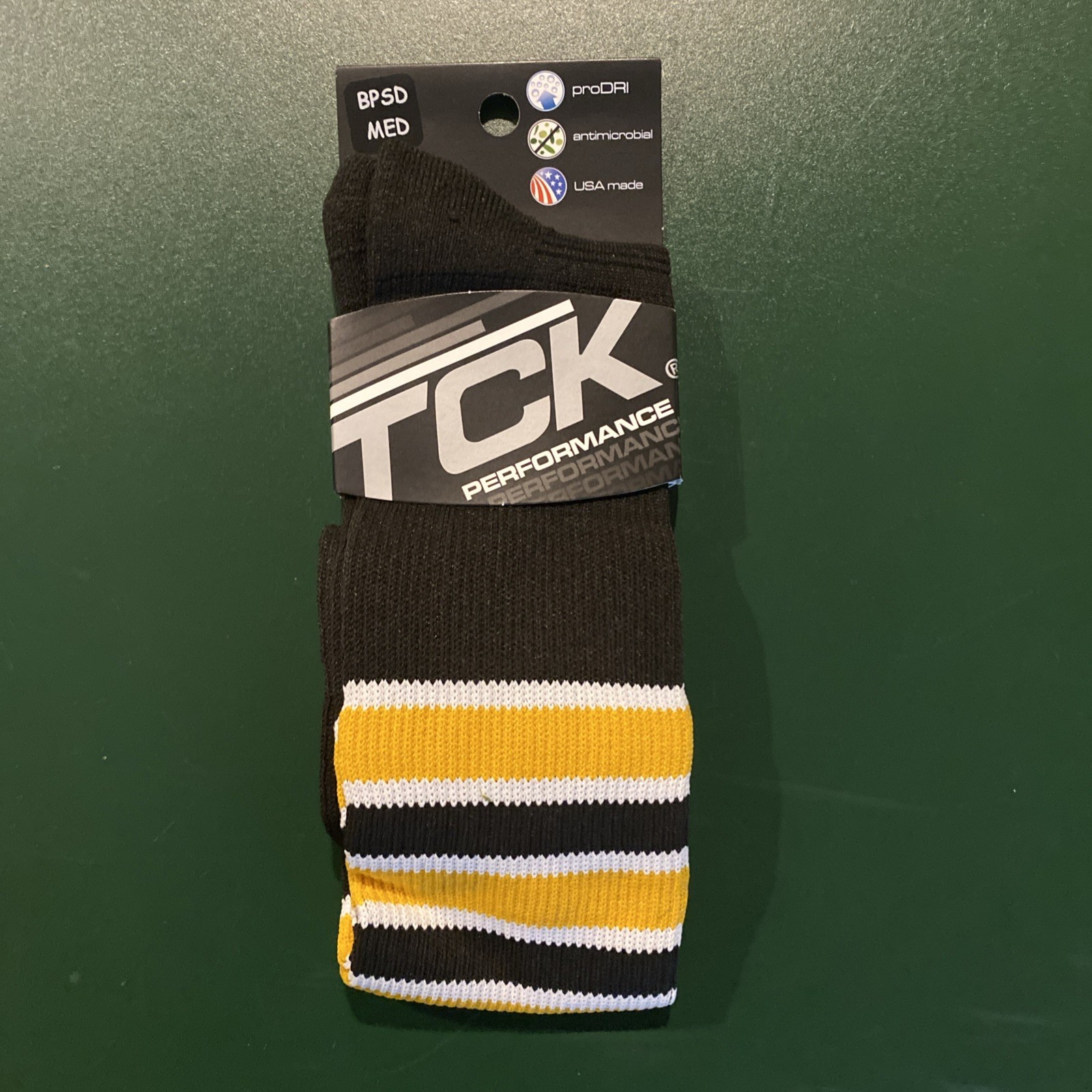 (2) TCK PERFORMANCE SOCK BPSD MEDIUM PRODRI BLACK W/ YELLOW & WHITE STRIPES NEW