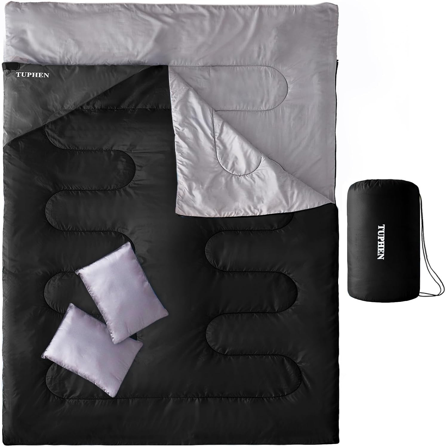 Double Sleeping Bag 2 Person 2 Pillows Queen Size XL Waterproof Black Gray Double Sleeping Bag 2 Person 2 Pillows Queen Size XL Waterproof Black Gray