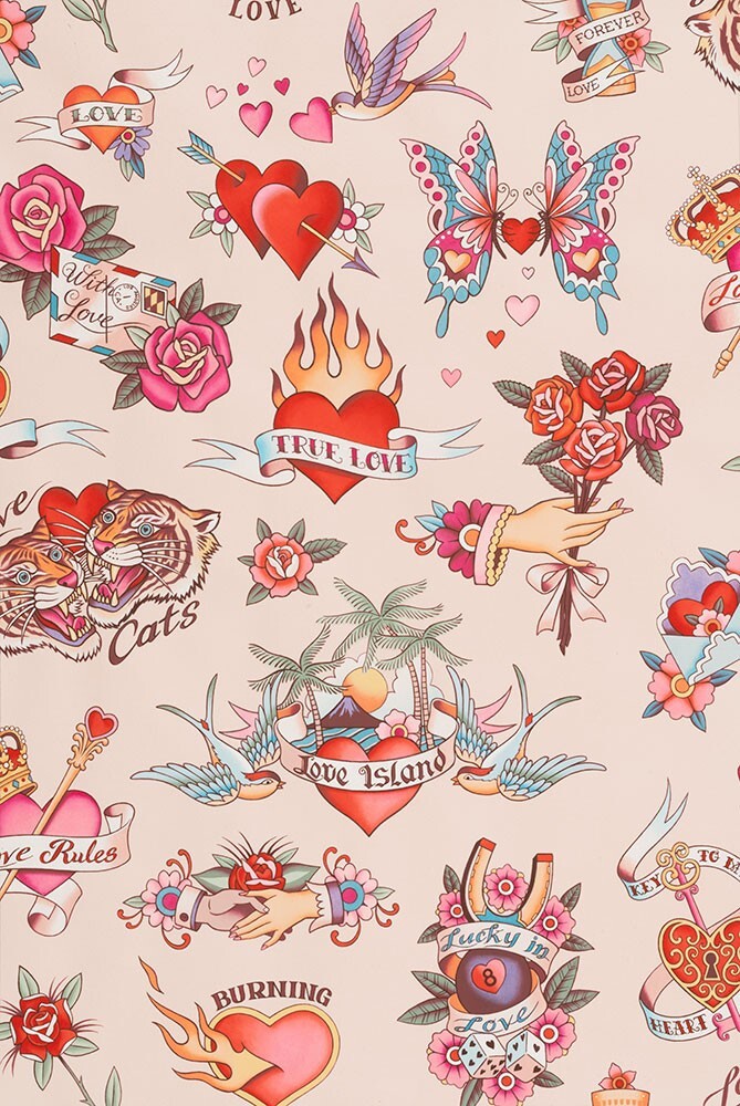 Alexander Henry Tattoo Rose Tiger Heart flames VINYL LAMINATED fabric bty