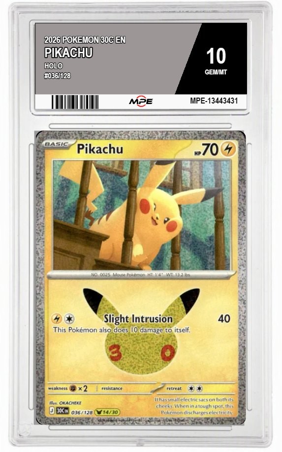 2026 POKEMON 30C EN HOLO PIKACHU #036/128 MPE 10