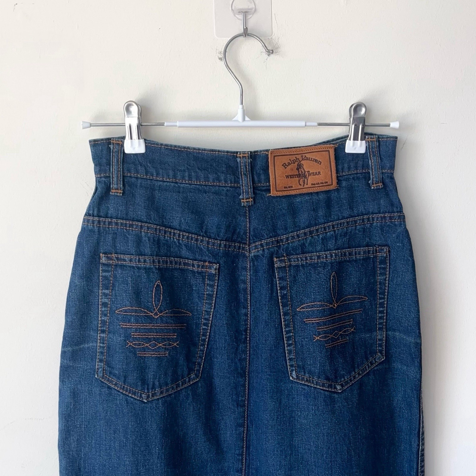 Vintage Ralph Lauren Western Wear Denim Skirt Sz 8 Embroidered Knee Length MiUSA